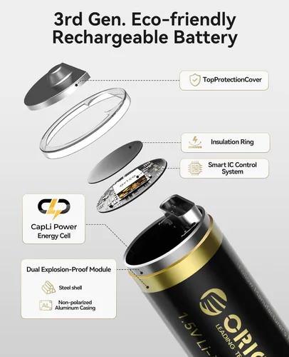 Vista 6 de ORICO Ener-G Batería de iones de litio recargable AA de 1.5 V 2100 mWh, carga USB-C de 2 horas, carga rápida de más de 1500 ciclos para controlador