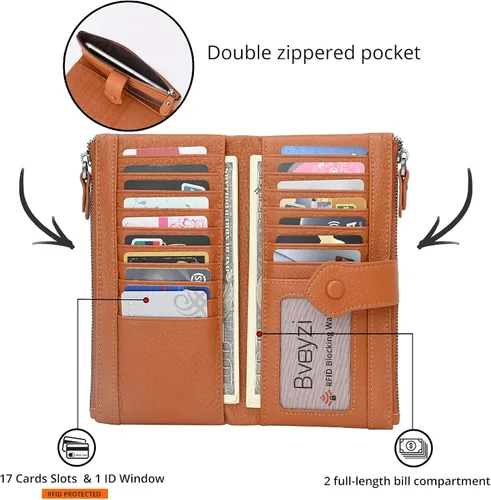 Vista 2 de Bveyzi Carteras delgadas de cuero suave para mujer, con bloqueo RFID, doble bolsillo con cremallera