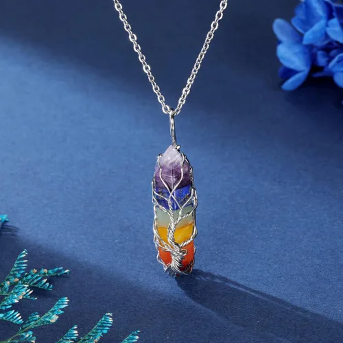 Vista 2 de GEHECRST Collar de cristal curativo, árbol de la vida, envuelto en alambre de cuarzo natural, piedra de cristal de piedra preciosa, collar con dije