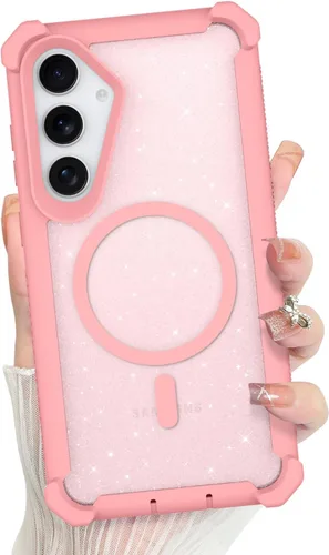 Vista 553 de Bonoma - Funda compatible con Samsung Galaxy S21 Plus, diseño de corazón con purpurina, color rosa Support for MagSafe, Plating Magnetic Case TPU