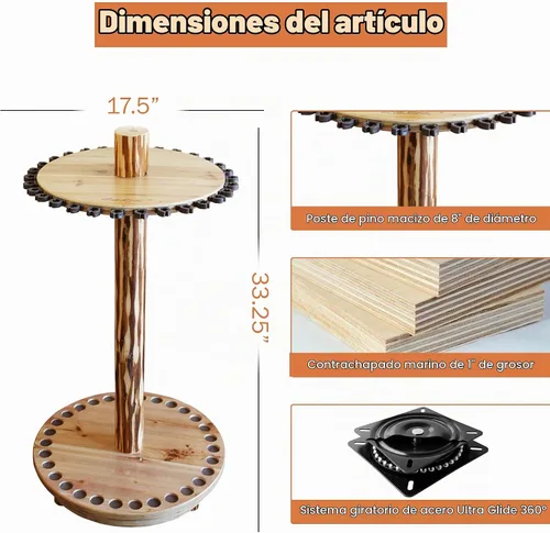 Vista 4 de Rush Creek Creations Soporte redondo giratorio para 30 cañas de pescar - Fácil montaje - Rotación de 360 grados, Madera rústica clara, 37-0030