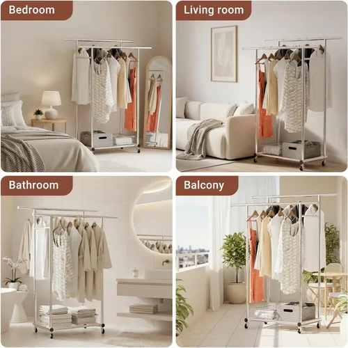 Vista 7 de TigerParty Perchero de doble barra para colgar ropa, perchero resistente de acero inoxidable resistente, perchero con ruedas para dormitorio