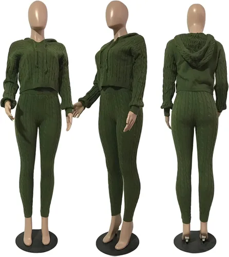 Vista 6 de ThusFar Conjunto de suéteres de punto casuales para mujer, conjunto de dos piezas, para otoño, ajustado, con cordón, grueso, con capucha, pantalón