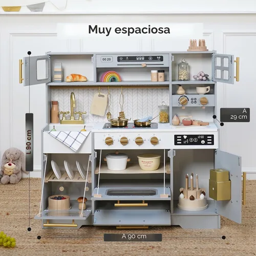 Vista 5 de Cocina de madera de juguete para niños – Juego de cocina de simulación con estufa realista, fregadero, cafetera, máquina de hielo, cocina de juguete