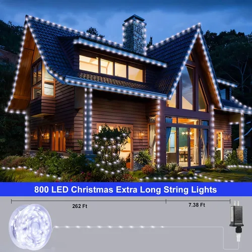 Vista 2 de Luces de Navidad de 262 pies, 800 luces LED para exteriores, alambre transparente para árbol de Navidad con 8 modos impermeables, tira de luces