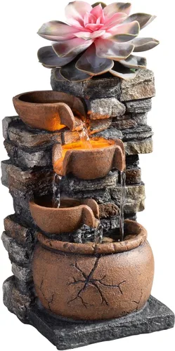 Vista 3 de Fuente interior de 4 tazones Rockery con sonido calmante para decoración del hogar y la oficina con una pequeña maceta de plástico para cultivar