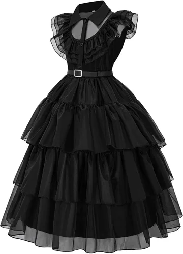 Vista 2 de GZ-LAOPAITOU Wednesday Costume Girls Black Wednesday Addams Dress for Kids Halloween Cosplay Party Dance Dresses 4-12Y