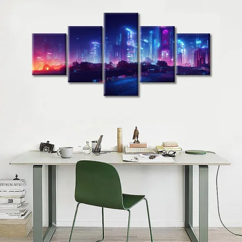 Vista 79 de Cuadros de 5 paneles de Cyberpunk City, arte de pared, representación de vallas publicitarias, edificios modernos en la capital con obras de arte