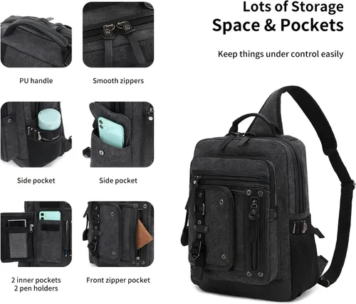 Vista 2 de Leaper Mochila bandolera para hombre bolsa de mensajero de lona para hombre, bandolera de una sola correa para portátil, senderismo, escuela