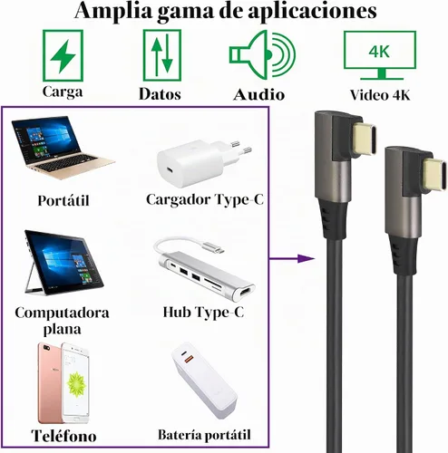 Vista 7 de Cable USB 3.1 tipo C de 90 grados en ángulo derecho e izquierdo 3.1 USB tipo C macho 4K a 60Hz Gen 2 Cable de extensión compatible con carga, datos
