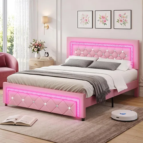 Vista 9 de BarnFurin Marco de cama Twin con luces LED, cama de plataforma tapizada con cabecera capitonada de diamante, no necesita somier, sin ruido, fácil