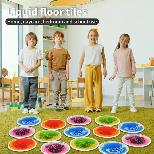 Vista 6 de art3d 4 piezas de baldosas sensoriales redondas para niños, bebés y niños pequeños, alfombra de actividad sensorial líquida colorida para juego