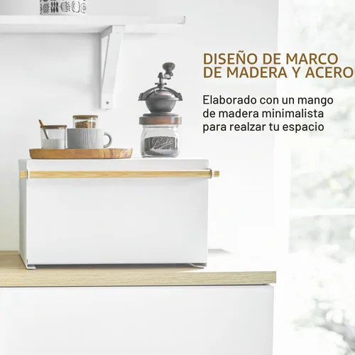 Vista 7 de YAMAZAKI Caja de Pan Moderna para el Hogar – Contenedor de Almacenamiento de Pan de Acero + Madera para Encimera, Caja de Pan Grande Blanca