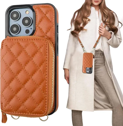 Vista 15 de Bocasal Funda tipo cartera cruzada para iPhone 14 Pro, con bloqueo RFID, de piel sintética, con cremallera, funda tipo cartera con función atril