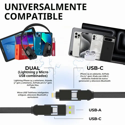 Vista 2 de Rolling Square inCharge XL Cable de carga múltiple 6 en 1 con carga ultrarrápida de 100W, cable USB y USB-C portátil, 6.5 pies/2m, Negro Urbano