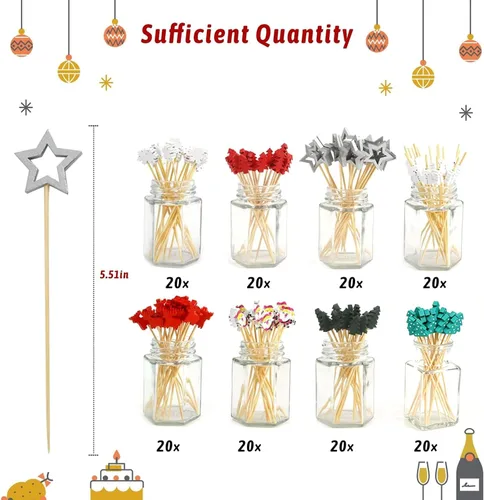 Vista 2 de KIMOBER 160 palillos de cóctel de Navidad, varios palillos de dientes de frutas de bambú para alimentos, aperitivos, bebidas, decoración de pasteles