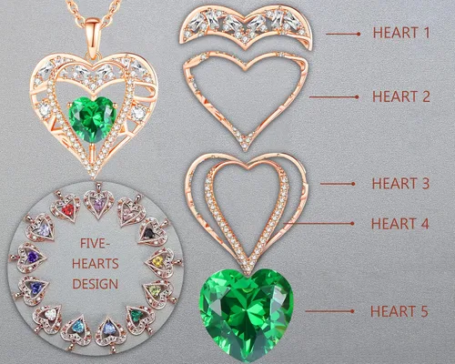 Vista 95 de Collar de cristal de 5 corazones, chapado en oro rosa de 18 quilates, colgante con cadena de plata de ley 925 de 18 + 2 pulgadas, joyería de piedra