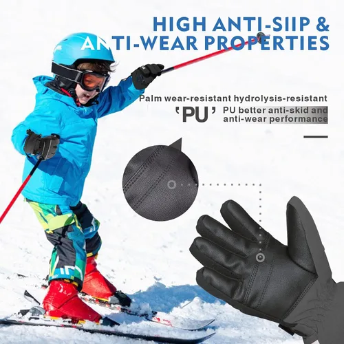 Vista 5 de BQA Guantes de esquí para niños, impermeables, para invierno, clima frío, snowboard, nieve, guantes cálidos para niños y niñas