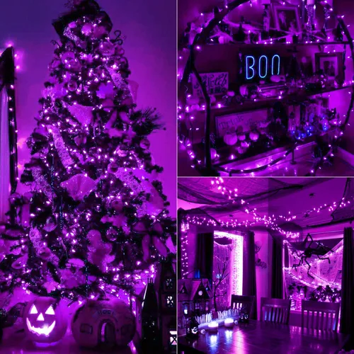 Vista 5 de BrizLabs - Luces de Halloween moradas, 100 luces LED de 33 pies, cadena de luces con 8 modos y temporizador, luz de árbol morada