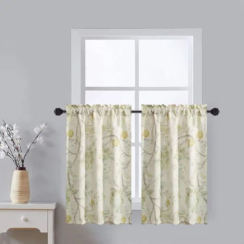 Vista 20 de Leeva Cortinas rústicas de cocina con estampado floral verde mezclado de lino para media ventana, para comedor, bolsillo para barra, cafetería