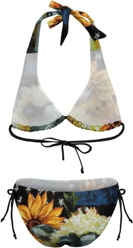 Vista 8 de Swimwear Girlfriend Push Up Flag Farm Sunflower Two Piece Wrap Adjustable Strap Halter Triangle Tie