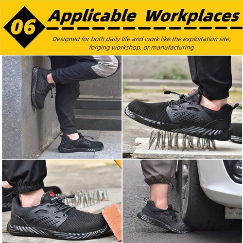 Vista 7 de SUADEX Zapatos de punta de acero para mujeres y hombres, zapatos de seguridad antideslizantes, transpirables, ligeros, a prueba de pinchazos
