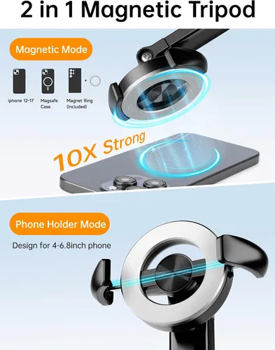 Vista 2 de Trípode magnético para teléfono de 70 pulgadas, trípode para selfie stick para iPhone Magsafe con control remoto recargable y soporte magnético 2