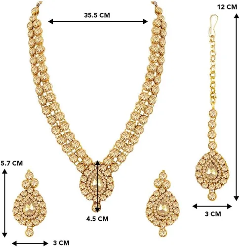 Vista 4 de Aheli Indian Wedding Wear Faux Stone Necklace with Maang Tikka Set Elegant Ethnic Fashion Jewelry For Women (Gold)