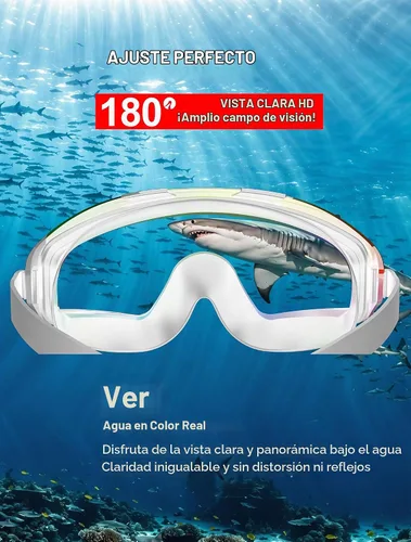 Vista 6 de Gafas de natación profesionales con revestimiento de espejo arcoíris, antiniebla, protección UV, correa ajustable, color blanco, negro Blanco Rosa