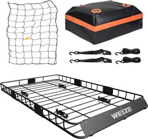Vista 3 de WEIZE Portaequipajes de techo resistente de 54" x 34", cesta de carga para techo con bolsa impermeable, correa de sujeción, red, extensión