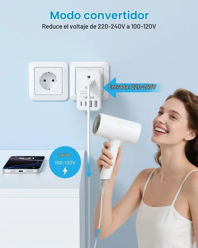 Vista 2 de VINTAR - Convertidor de voltaje de 220 V a 110 V de EE. UU. a Europa, adaptador de convertidor de corriente desmontable de 2000 W con enchufes tipo