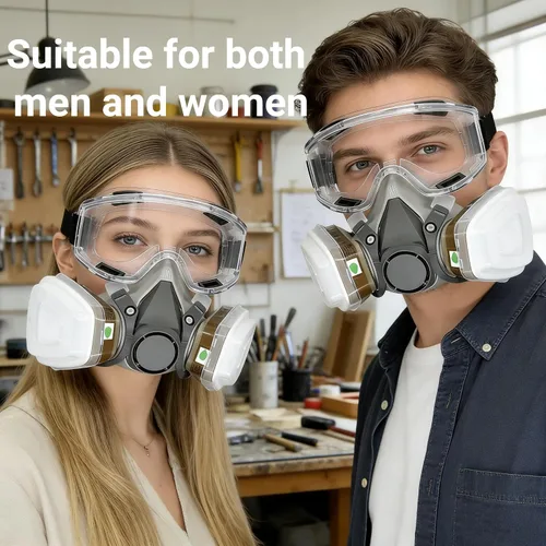 Vista 5 de Kit de respirador reutilizable de media cara con gafas de seguridad antivaho y filtros - Respirador profesional para polvo, pintura y lijado