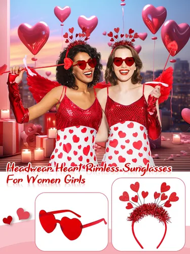 Vista 6 de Twistover 8 piezas de disfraz de Cupido para el día de San Valentín para mujer, hermoso vestido de corazón, alas de flecha y lazo con diadema