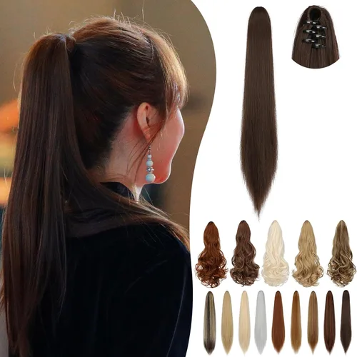 Vista 12 de Extensión de cola de caballo de 18 pulgadas, 20 pulgadas, larga, rizada, ondulada, recta, con clip, de aspecto natural, extensión de cabello