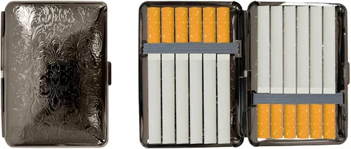 Vista 18 de Juego de 2 cajas de cigarrillos compactas chapadas en metal tamaño King con bandas elásticas (oro ovalado)
