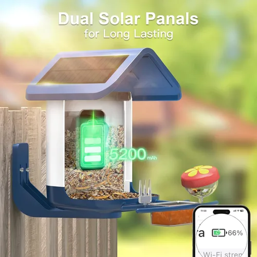 Vista 3 de Comedero para pájaros con cámara alimentado por energía solar: Comedero inteligente para aves con cámara de alimentación en vivo de 2K