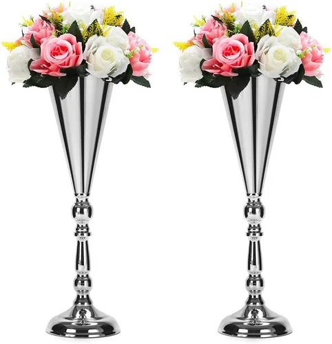 Vista 9 de Juego de 2 jarrones de metal para mesa de trompeta de boda, centro de mesa, jarrón de flores para decoración de eventos de boda, decoración de Dorado