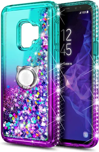Vista 3 de NGB - Funda para teléfono Samsung Galaxy S9, color aguamarina/morado, bonita funda con purpurina líquida para mujeres y niñas, con protector