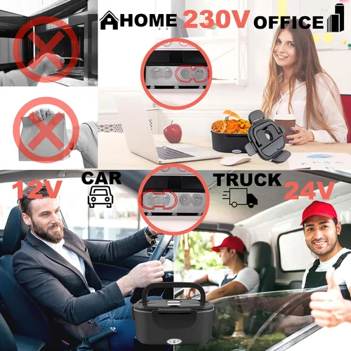 Vista 4 de Nifogo 100W Heated Bowl for Car and Truck and Office Electric Lunch Box 3 in 1 Stainless Steel 12 V 24 V and 230 V – Lunch Box 1.5 L x 2 with Grey