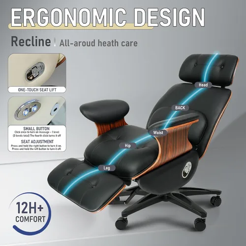 Vista 5 de Silla de oficina ergonómica de cuero, reclinable/reposapiés Negro