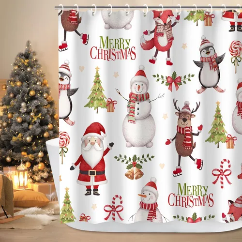 Vista 8 de LIVILAN Cortina de ducha de Navidad, diseño de Papá Noel y reno con 12 ganchos, cortina de baño decorativa de Navidad de tela de dibujos animados