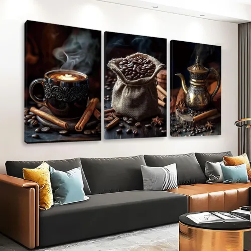 Vista 2 de Gueeclk Arte de pared en lienzo de barra de café, impresiones en lienzo de granos de café en tela de saco, juego de 3 arte de pared marrón, imagen