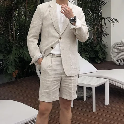 Vista 3 de Traje de lino para hombre, 2 piezas, pantalones cortos de esmoquin, boda, playa