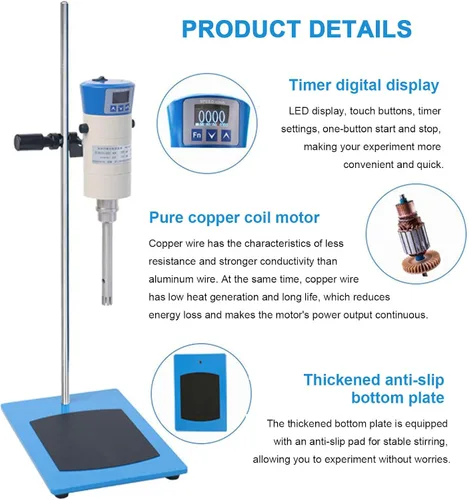 Vista 4 de Digital Homogenizer Electric Overhead Stirrer Mixer, 50-40000ml with LCD Display, 300-23000rpm Adjustable for Large Batch Sample Mixing with 2 Work