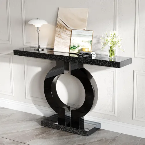 Vista 4 de LITTLE TREE Mesa consola de vidrio espejo de 43 pulgadas con base en forma de O, mesa de entrada de vidrio para sala de estar, moderna mesa de sofá