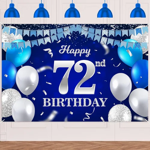 Vista 68 de Bandera de feliz primer cumpleaños con fondo azul marino, globos, confeti, bandera de rayas, luces de puntos, felicitaciones por el tema de 1 año