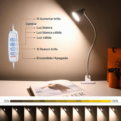 Vista 3 de Lámpara de lectura con clip de CeSunlight, lámpara de abrazadera para escritorio, 3000 – 6500K, temperatura de color ajustable, 6 modos