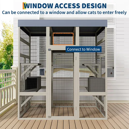 Vista 5 de Gran recinto Catio para exteriores, espaciosa casa de madera para gatos con cinco plataformas de actividades y dos áreas de descanso, refugio