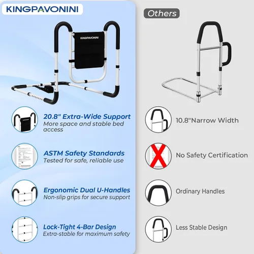 Vista 4 de KingPavonini Rieles de cama para adultos mayores, seguridad aprobados por ASTM, 2026 con asas dobles ergonómicas en U y 4 barras reforzadas, rieles