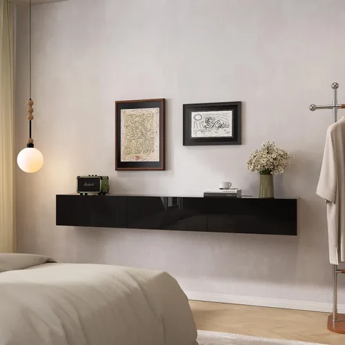 Vista 5 de FurniNova Soporte flotante para TV con 3 puertas, moderno mueble flotante para consola de TV con almacenamiento, estante flotante de madera Negro